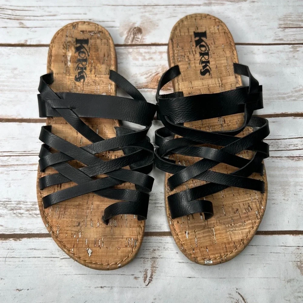 Korks Khell Sandals Black Strappy Toe Loop Slide Flat‎ Summer 8M